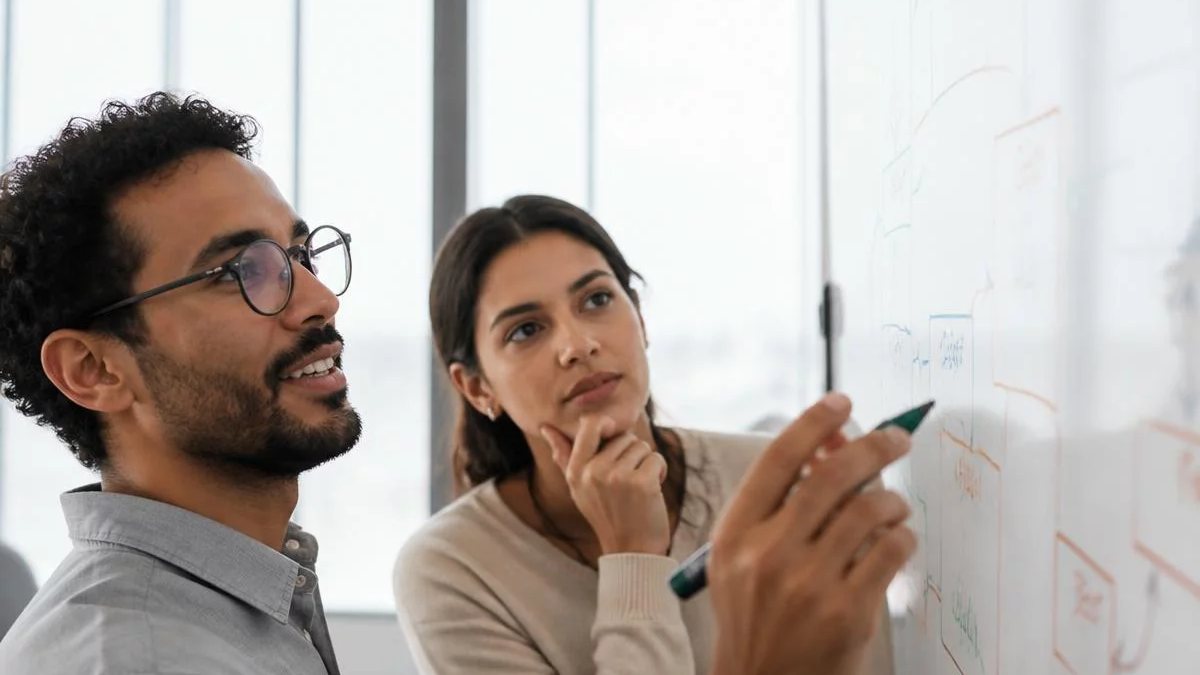Duas participantes de pé diante do quadro branco, montando um argumento a caneta